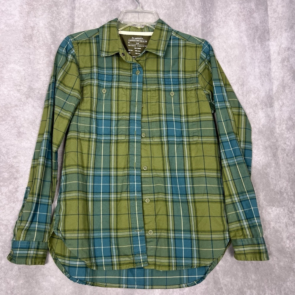 REI Co-op Shirt Womens Small Green/Blue Plaid Flannel Outdoor Cotton
